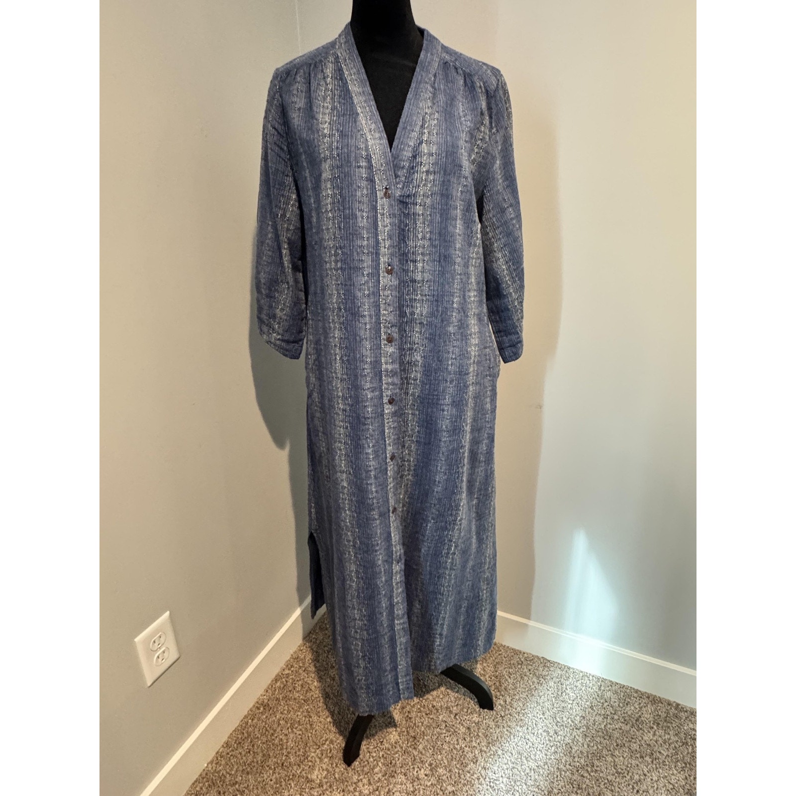 Poetry Shirt Dress Sz 8 Blue Striped Hemp Maxi 3/4 Sleeve Pockets Boho Lagenlook